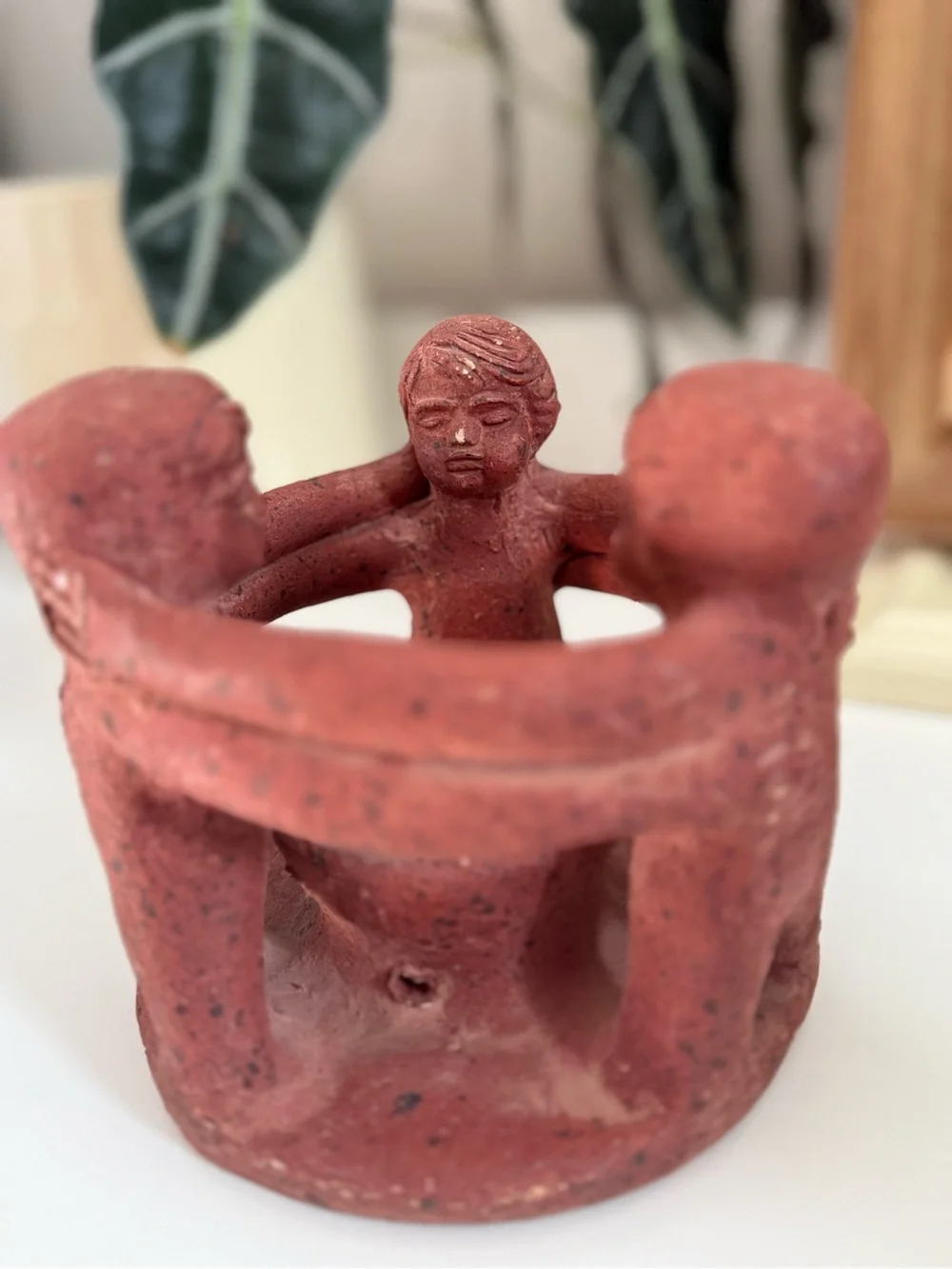 Vintage Red Terracotta Circle of Friends Three Figurine Candle Holder
